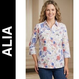 Alia Petites Patriotic Americana Button Down Blouse | Size 16P | 3/4 Sleeve EUC